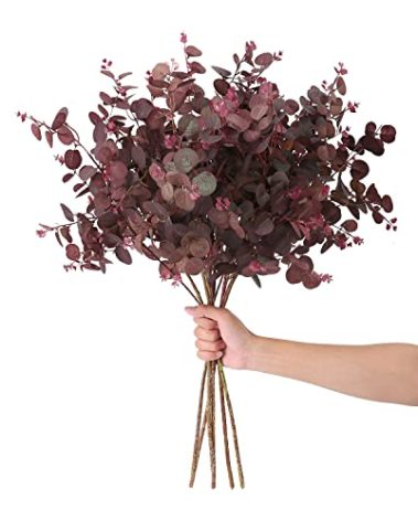 SHUOTAO 3Pcs Artificial Plants Silk Eucalyptus Leaves Tall 29" Eucalyptus Stems Branches Floral Arrangement Decoration, Artificial Plant Farmhouse Indoor Home Wedding Decor Wine Red