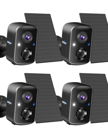 Hiseeu Security Cameras Wireless Outdoor, 4pcs Solar Powered 3K 4MP Surveillance WiFi Cameras for Home Security Outside, PIR/AI Motion Detection, Waterproof, Color Night Vision, 2-Way Audio, Black