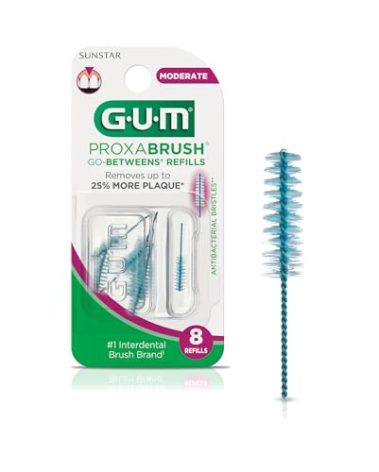 GUM Proxabrush Go-Betweens Refills - Moderate - Compatible with GUM Permanent Handle - Reusable Interdental Brushes - Soft Bristled Dental Picks, 8 Count