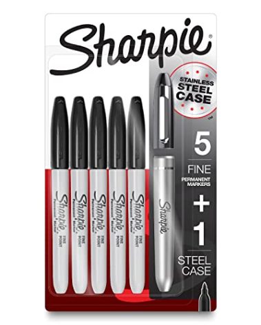 SHARPIE Permanent Markers with Stainless Steel Marker Case, Fine Point, Black, 6 Count
