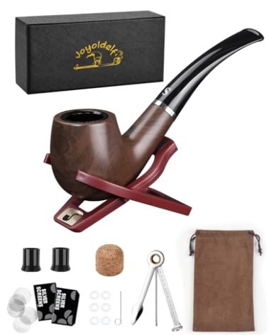 Joyoldelf Tobacco Pipe Set, Short Handle Curved Smoking Pipe with Foldable Pipe Stand Holder, Pipe Starter Kit for Beginner with Gift Box and Accessories