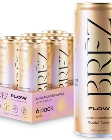 BREZ FLOW Lion’s Mane Mushroom Drink, 6-Pack, Non-Infused, Adaptogens, Relieving, Uplifting, and Social, Sparkling Lemon Elderflower Tonic 12 Fl oz