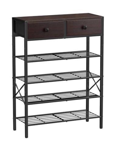 UNITSTAGE Shoe Rack for Entryway, 5 Tier Shoe Organizer with 2 Non-Woven Drawers, Metal Storage Shoe Shelf for 16-20 Pairs of Shoes, with Wooden Top and Steel Frame, Shoe Stand for Closet Dark Brown