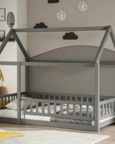 PVWIIK Twin Size Montessori Floor Bed with Roof & Fence Guardrails for Boys Girls Bedroom,Twin Size Floor Wooden Bed Frame,Easy Assemble,No Box Spring Needed, Gray