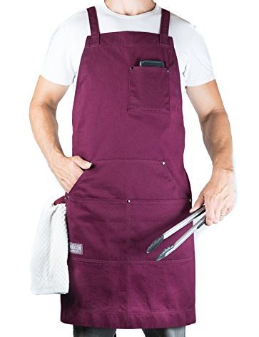 Hudson Durable Goods Professional Grade Chef Apron for Men and Women, 100% Cotton Work Apron for Kitchen, BBQ, and Grill with Large Pockets for Tools, Towel Loop, Crossback Design - One Size, Red