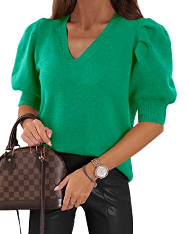 Women's Puff Short Sleeve Sweater Tops 2025 Spring Summer Trendy Casual T Shirts Blouses Bright Green