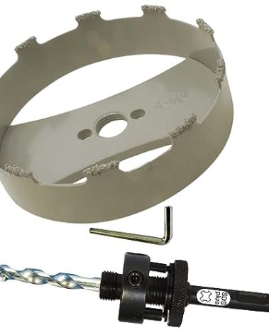 4 3/8 in Carbide Hole Saw Bit Concrete Brick and Recessed Lights with SDS Plus Arbor and Masonry Bit Carbide Hole Cutter for Stucco Fiberglass Reinforced Plaster Drywall and Cement Block for Pipe