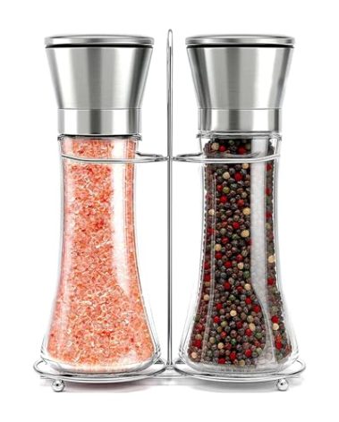 Willow & Everett Salt & Pepper Grinder Set with Stand - Stainless Steel Manual Mills & Holder with Adjustable Coarseness, Refillable Design for Peppercorns & Rock Salt Sold Separately