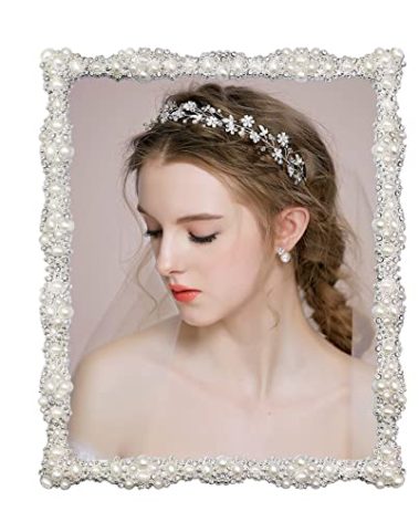 8x10 Picture Frame with Pearl for Wedding, Silver Plated with HD Acylic Finish Photo Frames with Rhinestones for Horizontal and Vertical Decor Tabletop Display