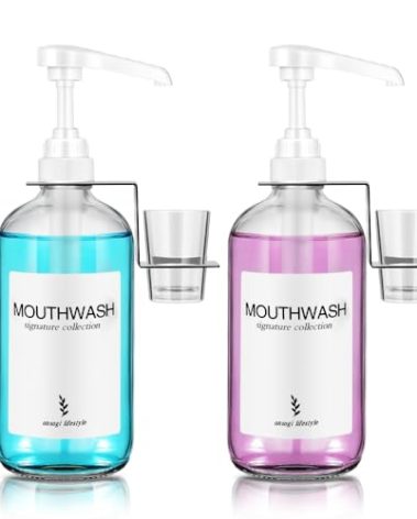 Onsogi Glass Mouthwash Dispenser with Cups Holders and Pumps, 16 Oz Rustic Boho Mouthwash Dispenser for Bathroom Farmhouse Decor - 2 Pack Clear…