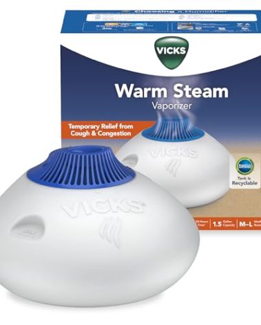 Vicks Warm Steam Vaporizer, Small to Medium Rooms, 1.5 Gallon Tank – Warm Mist Humidifier for Baby and Kids Rooms with Night Light, Works with Vicks VapoPads and VapoSteam