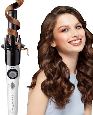 KISS Instawave Deluxe Automatic Rotating Curling Iron, Ceramic Ionic Technology, Tangle Prevention, 2-Way Rotation, Dual Heat Settings up to 420°F, 1” Curling Wand, 2-Year Warranty - Black & White