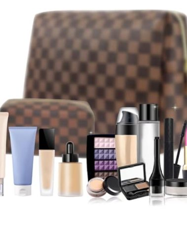 Butofinus Checkered Makeup Bag, Portable Leather Cosmetic Bag, 2 Pcs Waterproof Travel Toiletry Bag for Women