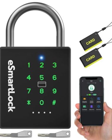 eLinkSmart Heavy Duty Smart Padlock with Key, Pad Lock with Code Keypad, Weatherproof Bluetooth RFID Keyless Electronic Digital Combination Lock for Gate Outdoor Fence Storage Unit Locker Shed Pool