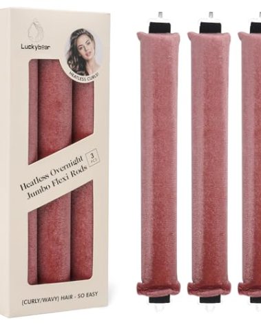 Luckybear Heatless Hair Curlers, 3pcs Satin Jumbo Flexi Rods for All Hair Types, Overnight Sleeping Curls Styling Tools, Dark Pink