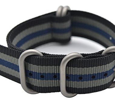 ArtStyle Watch Band with Colorful Nylon Material Strap and Heavy Duty Brushed Buckle (Black/Grey/Blue, 22mm)