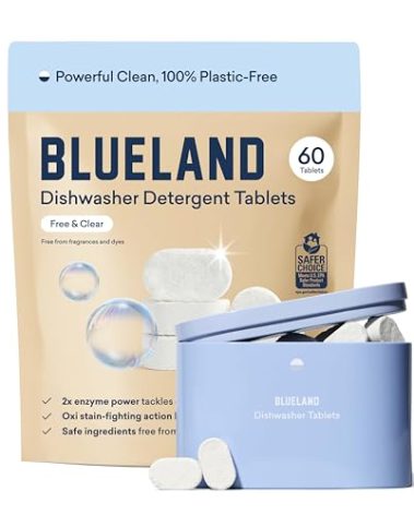 BLUELAND 100% Plastic-Free Dishwasher Detergent Tablets, Starter Set, 60 Count with tin, Free & Clear, Eco-Friendly Dishwashing Pods, Natural, Sustainable