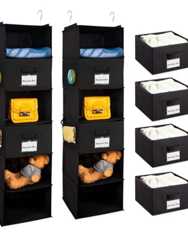 BrilliantJo 2 Pack 6 Shelves Hanging Closet Organizer with 2 Drawer, Hanging Storage with 4 Side Pockets for Clothes Shoes, 43.5"x12"x12"(Black)