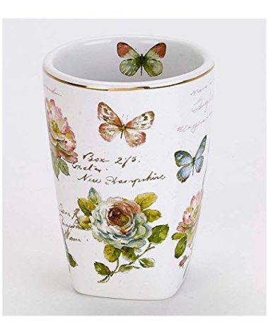 Avanti Linens - Tumbler, Decorative Countertop Cup, Floral Design (Butterfly Garden Collection),White