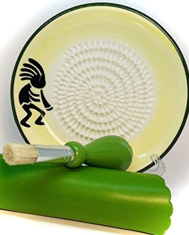 BonCera, All-in-one 4pcs Prime Ceramic Garlic Grater Set, Kokopelli Design Grater Plate w/Garlic Peeler, Gathering Brush, Display Stand, It's also grating Turmeric, Ginger, and more,