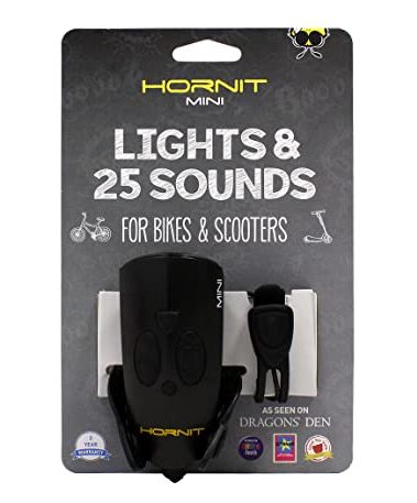 Hornit Mini, Bike & Scooter Horn and Safety Light for Children and Kids, 25 Sound Effects, 6 Light Modes: White Safety Light and Funky Green Light, Black/Black