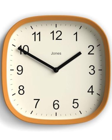 JONES CLOCKS® Sprite Wall Clock | Modern Retro Rounded Square Clock | 10 inch | Mustard Yellow | Easy to Read Numbers | Perfect for Kitchen or Office
