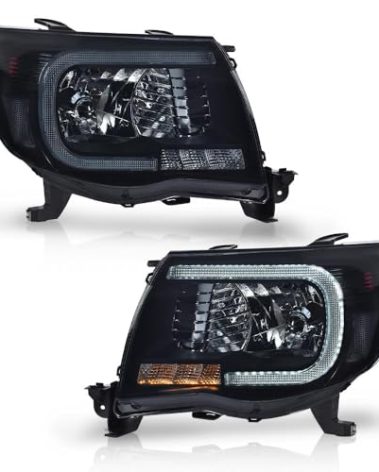 PIT66 LED Tube Projector Headlights Headlamps W/O Bulbs Compatible with Toyota Tacoma 2005-2011 Smoke Lens Black Housing Clear Reflector, 8115004163 TO2503157