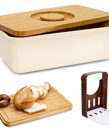 Triiter Bread Box With Bamboo Wood Cutting Board Lid & Bread Slicer Holder, Rectangular Cream Color Bread Container For Kitchen Countertop, 14.8 x 8.4 x 5.3in, Bread Storage Container