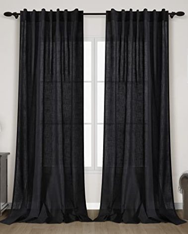 Extra Long Black Curtain 108 inches Long 2 Panels Set for Living Room Back Tab Modern Farmhouse Muslin Look Decor Cotton Textured Sheer Linen Curtains 108 inch Length for Large Window 9 FT Tall