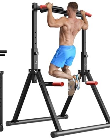 WATBKHE Foldable Power Tower Pull Up Bar Dip Station, Pull Up Bar Standing for Home Gym Adjustable Height, Multi-Functional Workout Equipment Strength Training Machine, Support 460LBS