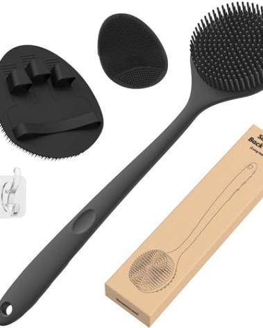Manmihealth Silicone Back Scrubber (Thin Bristles) & Bath Glove & Face Brush Set(3PCS), Super-Exfoliating & Lathering Body Scrubber, Shower Brush, Face Scrubber Combination, with a Free Hook.(Black)