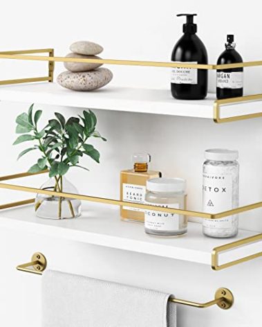 Forbena Floating Bathroom Shelves Wall Mounted, Aesthetic White and Gold Shelves for Bathroom Accessories, Modern Bathroom Organizer with Tower Bar for Wall Decor Storage Small Spaces, Set of 2