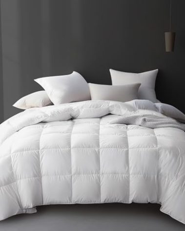 Hotel Grand Luxury White Goose Feather Down Fiber Comforter Full Queen Size, 100% Cotton All Season Duvet Insert Queen, Medium Warmth Bedding Comforter with 8 Corner Loops, White 90x90 Inch