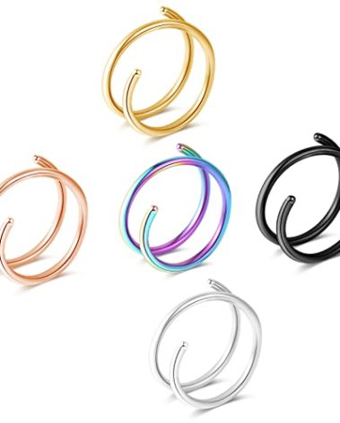 Fzroezz Double Hoop Nose Ring for Single Piercing, 5PCS Gold Black Silver Rainbow Rose Gold, 18 Gauge 8mm, Unisex, Modern Twist Spiral, Stainless Steel, Hypoallergenic