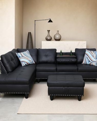 GlasFlength Sectional Couches for Living Room, Convertible 4 Seat Modular Sectional Sofa Set for Living Room, L Shaped Couch or U Shaped Couch with Storage Ottoman for Apartment, Leather Black