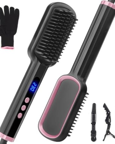 Hair Straightener Brush, Hair Straightener Comb Straightening Brush with Negative Ionic for Women, Fast Heating with 8 Temps & Dual Voltage, with Glove