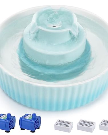 Lawfery Ceramic Cat Water Fountain, 2.1L/71oz Cat Fountain with 3 Carbon Filters and 2 Quiet Pumps, Cupcake Pet Water Dispenser for Cats and Dogs (Light Blue)