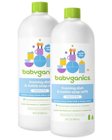 Babyganics Foaming Dish & Bottle Soap, Fragrance Free, Plant-Derived Cleaning Power, Removes Dried Milk, 32 Fl Oz (Pack of 2), Packaging May Vary