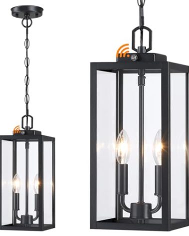 Large Outdoor Pendant Light 2-Light, 15'' Dusk to Dawn Modern Black Metal Outside Chandelier Exterior Hanging Fixture Ceiling Mount with Clear Glass for Front Porch Entrance Foyer Entryway, 1 Pack