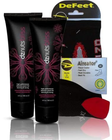 dznuts - Women’s Bliss Chamois Cream - Anti-Chafing for Saddle Sores, Thigh Friction, Skin Irritation - Cyclists, Runners (2-Pack) + Socks