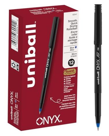 Uni-Ball® Onyx® Rollerball Pens, Micro Point, 0.5 mm, Black Barrel, Blue Ink, Pack Of 12