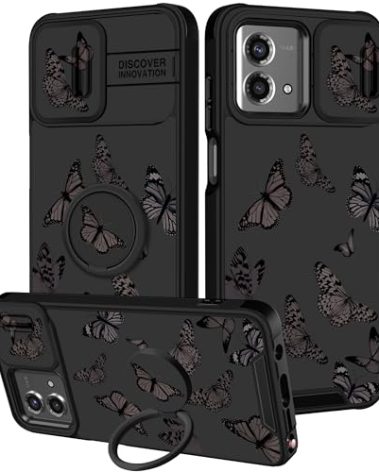 Funermei for Moto G Stylus 5G 2023 Case - Butterfly Women Cute Girls Phone Cover Girly Pretty Aesthetic Black Butterfly Unique Design with Camera Cover and Ring Stand for Motorola G Stylus 5G Case