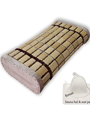NUIBY Bamboo Sauna Headrest Pillow, 100% Natural Handmade Wood Sauna Pillow Sauna Neck Rest Sauna Accessory, Bonus Sauna Cap and Seat Pad Included, Summer Cool Cervical Spine Pillow (1 Set)