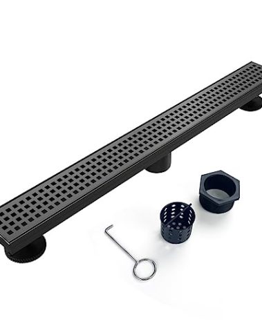 Elefloom Linear Shower Drain, 40 inch Black Drain with Removable Grate Cover, Brushed 304 Stainless Steel Shower Floor Drain, Linear Drain with Hair Strainer and Adjustable Feet