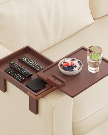 Wealone Brown Couch Armrest Table with Storage Box, Bamboo Sofa Arm Tray with 360° Rotating Tabletop and Phone Stand, Adjustable Sofa Arm Clip Table for Wide Couch