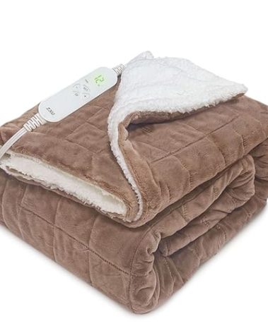 ZXU Heated Weighted Blanket，50" x 60" Sherpa Weighted Electric Blanket for Adult,12 Lbs,Microplush Heated Throw with Glass Beads, 12 Heating Levels & 1-24 Hour Auto-Off, Machine Washable, Brown