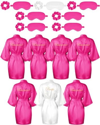 Jecery 7 Pcs Bridesmaid Robe Sets Bride Silk Satin Bridal Party with Sleeping Eye Mask and Elastic Headband(White, Rose Red)