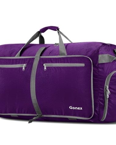 Gonex 100L Large Foldable Travel Duffle Bag with Shoes Compartment, Packable Lightweight Water Repellent Duffel Bag for Camping Gym Weekender Bag Purple
