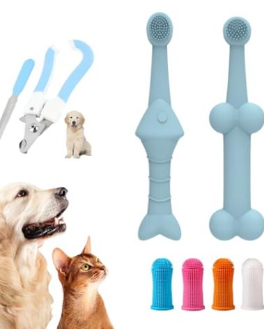 PEIFUKO 360º Dog Toothbrush Set, Cat Toothbrush, Dog Dental Cleaning, Dog Finger Toothbrush, Large and Small Pet Dog Toothbrush, Dog Toothpaste Not Included, 8-Piece Pet Nail Trimmer and Nail File Set