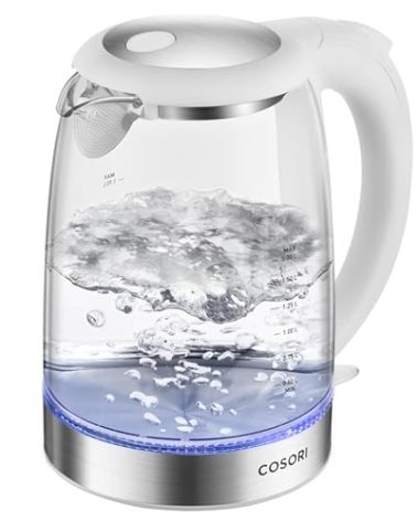 Cosori Electric Kettle, No Plastic Filter & Spout, Tea Kettle & Hot Water Boiler For Coffee & Tea, Water Heater & Teapot, Automatic Shut Off, Borosilicate glass, White, 1.7L/1500W